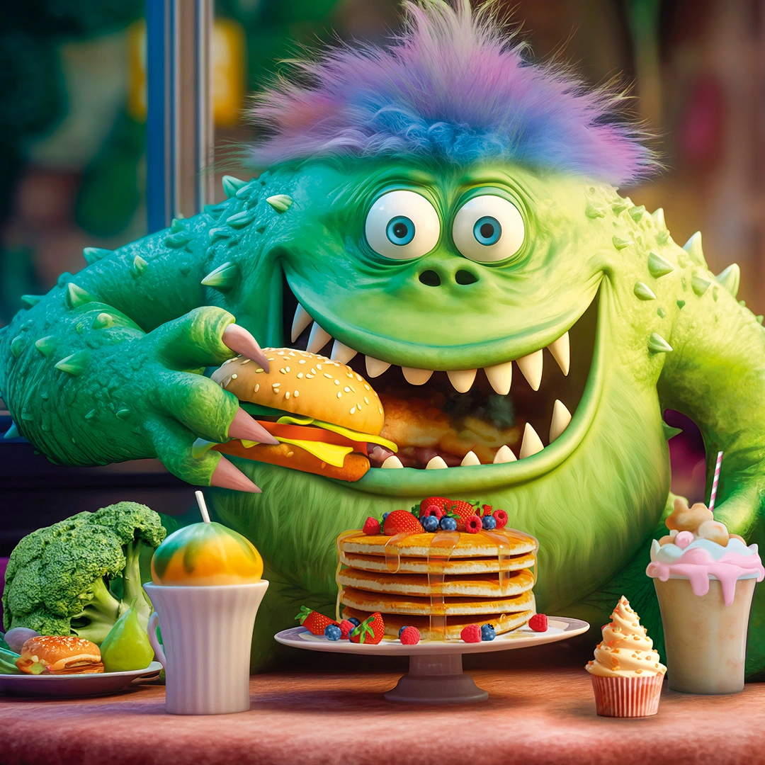 Colorful monster eating sweets and a hamburger big picture