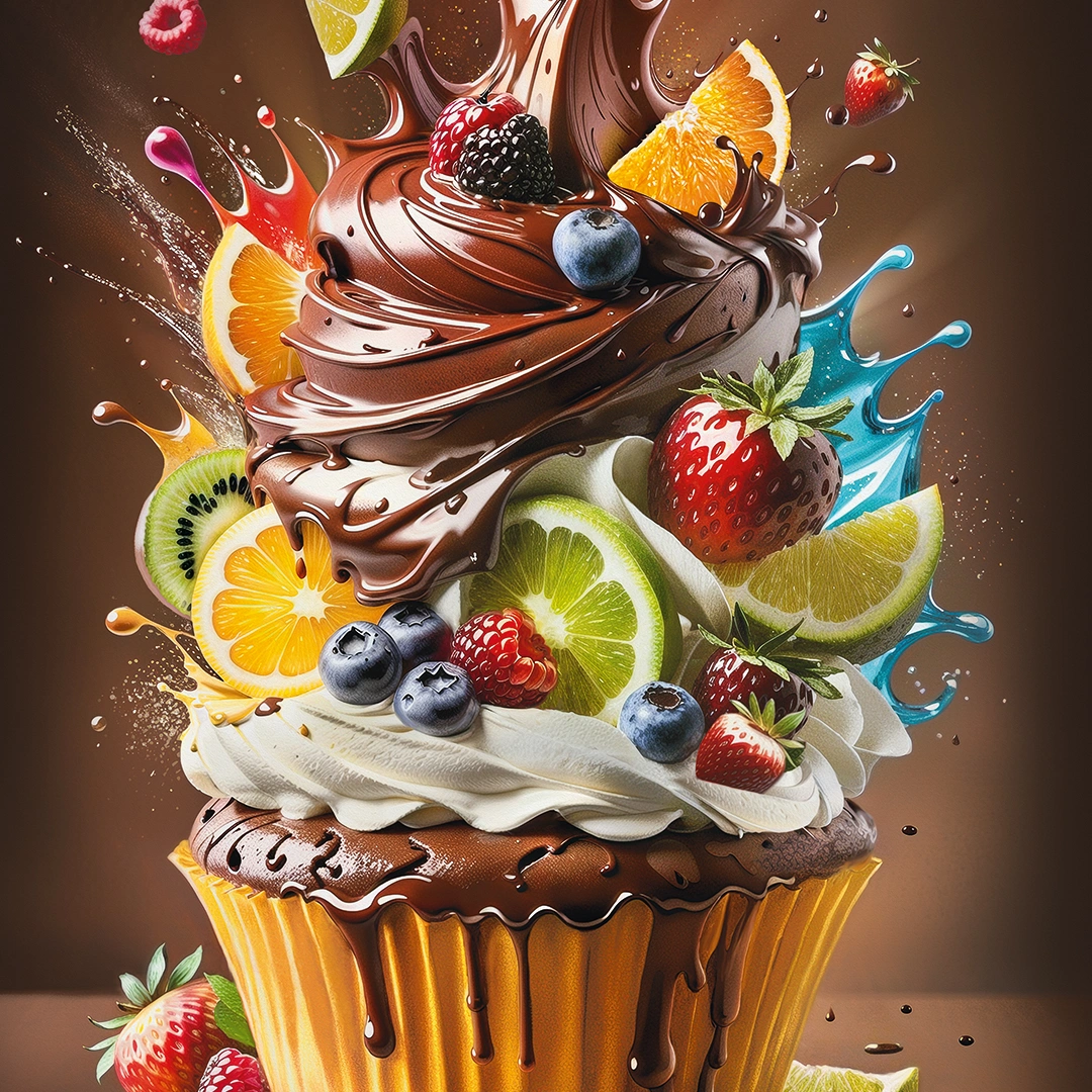 Digital art of exquisite fantasy cupcake with marvellous amounts of chocolate, cream and fruits big picture
